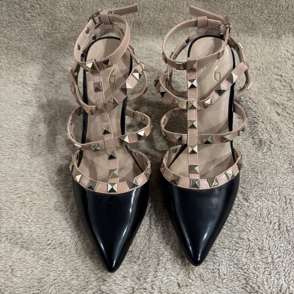 Mix No. 6 Black Nude Studded Caged Pointed Toe Pumps Stiletto Heels‎ Size 6.5M